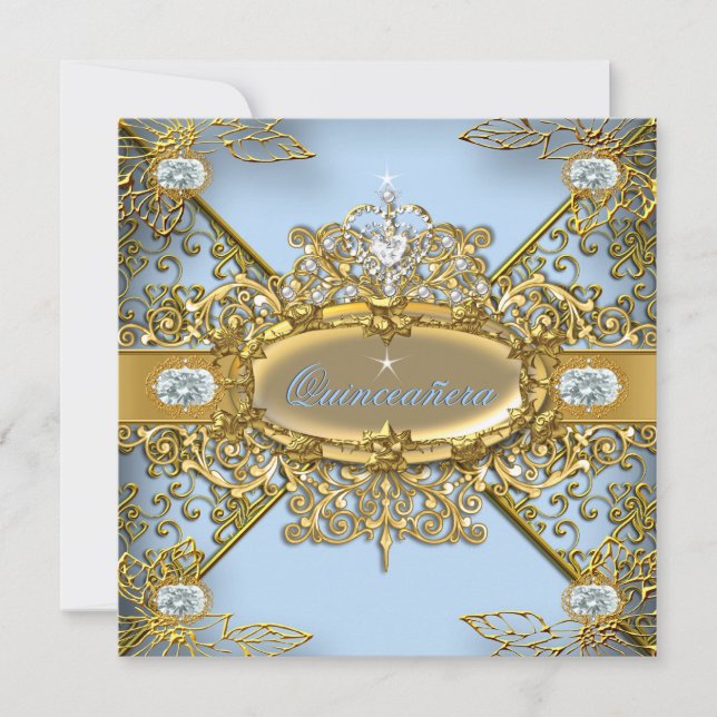 Elite Quinceanera Soft Blue Gold Damask 15. Einladung (Vorderseite)