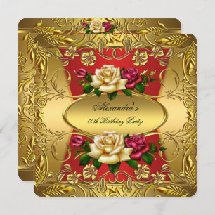 Elite Red Cream Rose Verziert Gold Geburtstagspart Einladung