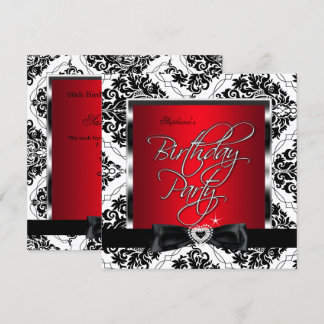 Elite Red Damask Silver Schwarz-weiße Geburtstagsp Einladung