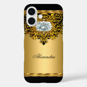 Elite Regale Gold Schwarz Verzierte Diamant Juwel iPhone 16 Hülle