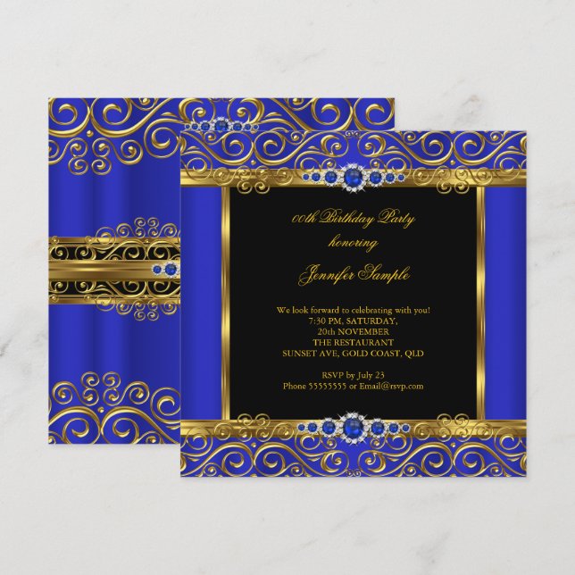 Elite Royal Blue Gold Damask Pearl Birthday 2 Einladung (Vorne/Hinten)