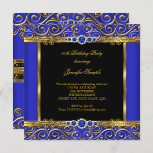 Elite Royal Blue Gold Damask Pearl Birthday 2 Einladung