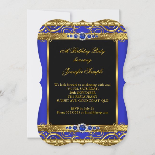 Elite Royal Blue Gold Damask Pearl Birthday Party Einladung (Vorderseite)