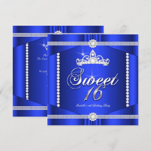 Elite Royal Blue Princess Sweet 16 Party Diamond Einladung (Vorne/Hinten)