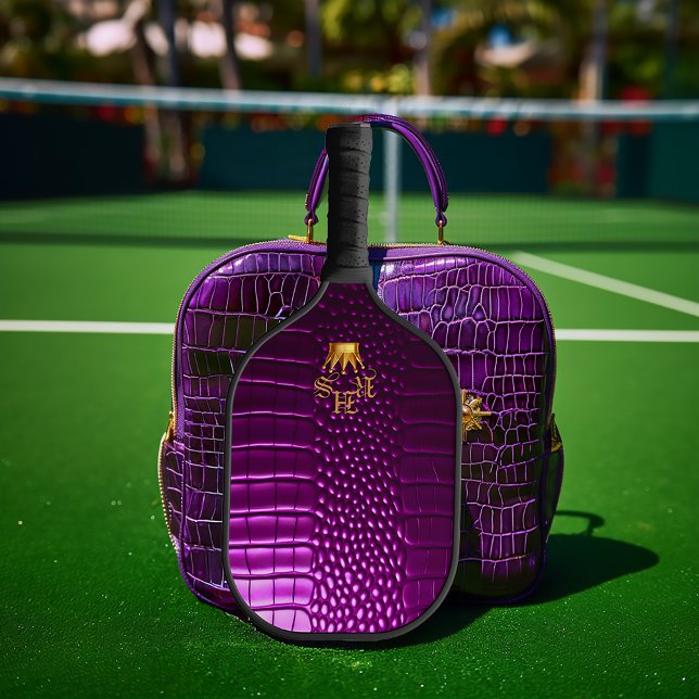 Elite Vivid Lila Imitate Krokodile Mit Monogramm Pickleball Schläger (Elegant Elite Vivid Purple Faux Crocodile Monogrammed Pickleball Paddle )