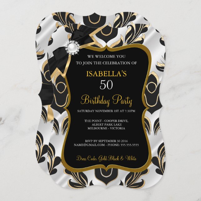 Elite White Pearl Gold Black Damask Party laden Einladung (Vorne/Hinten)