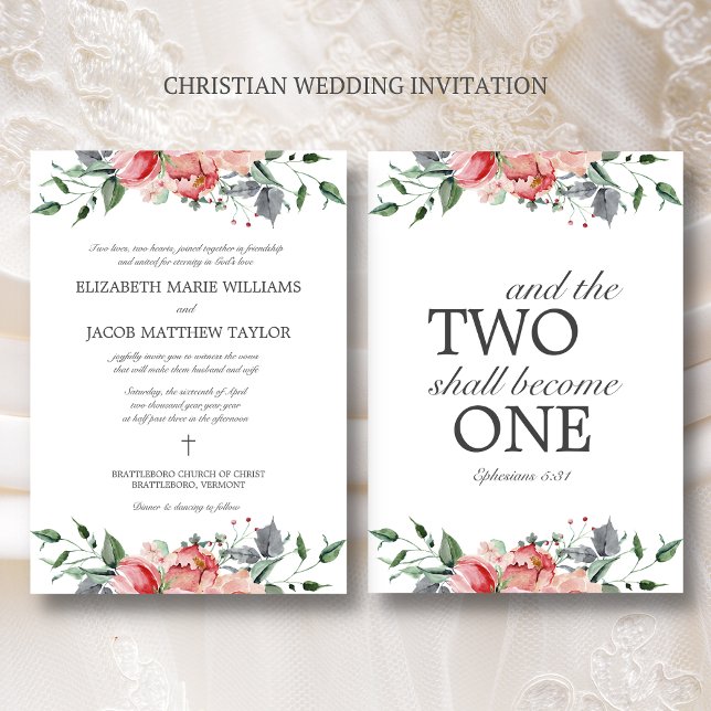 Elizabeth Elegant Rosa Blume Christlich Hochzeit Einladung (Christian wedding invitation with Bible verse on back.)
