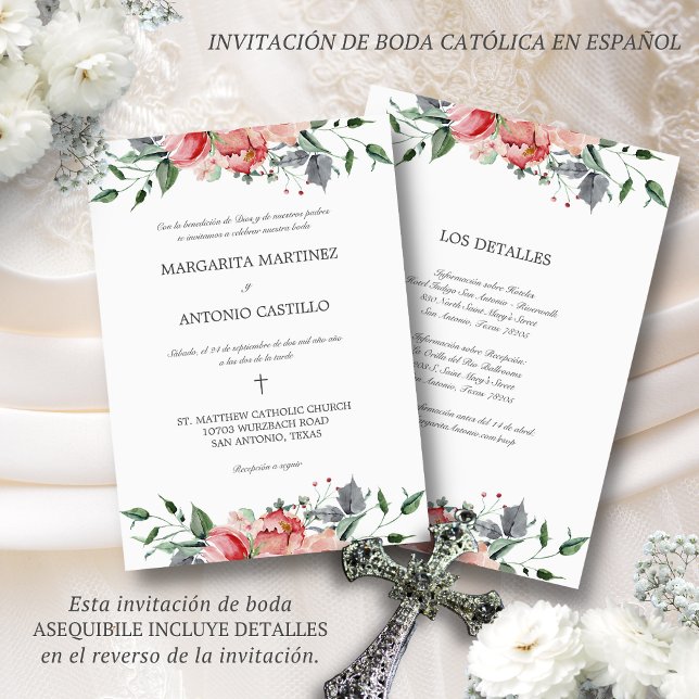 Elizabeth Invitacion de Boda Catolica Wedding Einladung (Elegante invitación de boda en español con flores rosas de acuarela)