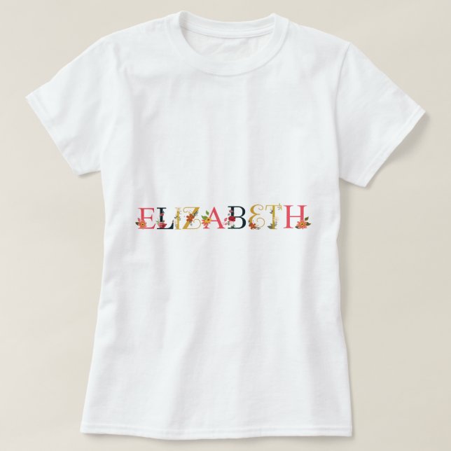 ELIZABETH Name Kunst mit Blume bestickt T-Shirt (Design vorne)