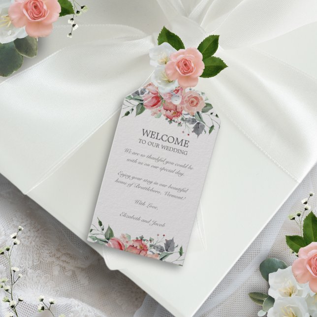 Elizabeth Pink Floral Hotel Gäste Hochzeiten Willk Geschenkanhänger (Pink floral gift tag with vintage calligraphy script for an elegant, classic look)