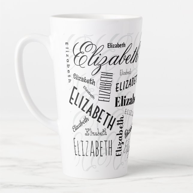 Elizabeth Typografy Name Schwarz-weiß Milchtasse (Links)
