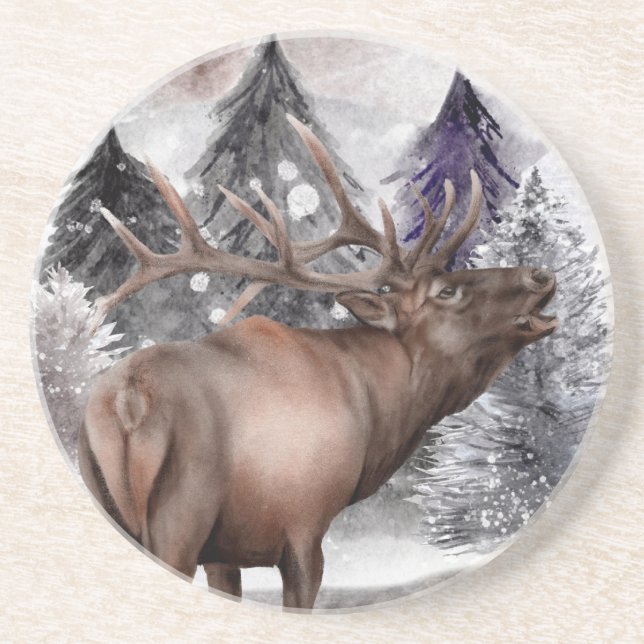 Elk Deer Watercolor Winterwald Untersetzer (Vorne)