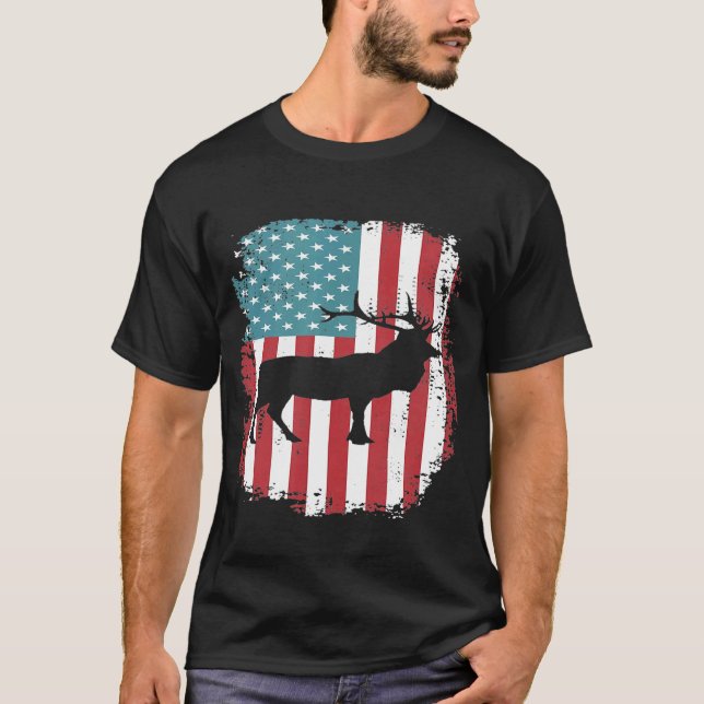Elk Hunting Patriotic American Flag T-Shirt (Vorderseite)