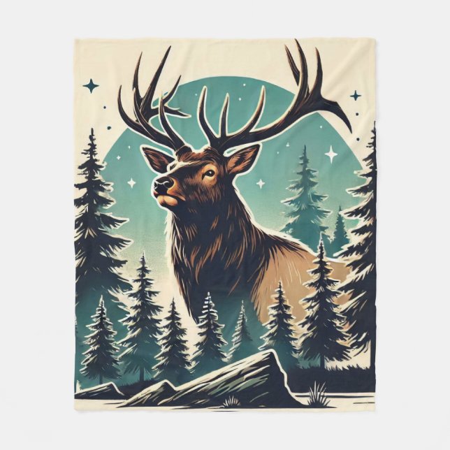 Elk im stilisierten Wald mit Starry Night Sky Fleecedecke (Vorderseite)