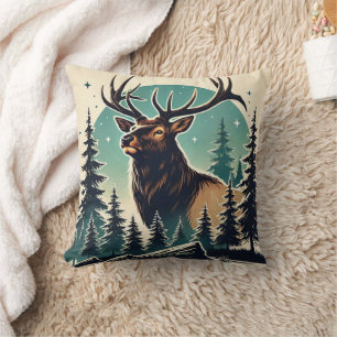 Elk im stilisierten Wald mit Starry Night Sky Kissen
