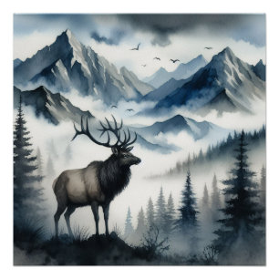Elk Misty Mountains Wasserfarbe Decoupage Poster