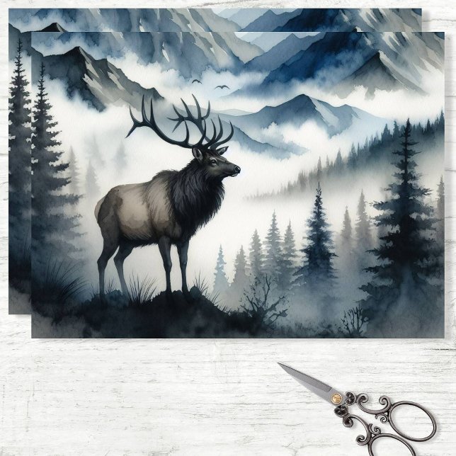 Elk Misty Mountains Wasserfarbe Decoupage Seidenpapier (Von Creator hochgeladen)