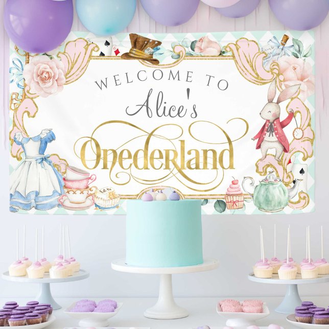 Elke's Onederland Mädchen zum ersten Geburtstag Banner (GIrl 1st birthday, Alice onederland banner decoration in teal.)