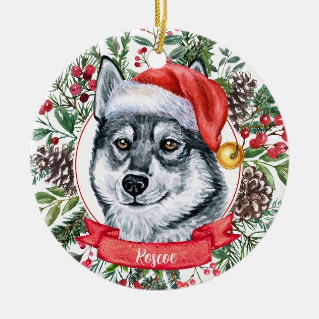 Elkhound Hund Custom Weihnachtsmannmütze Weihnacht Keramik Ornament (Vorne)