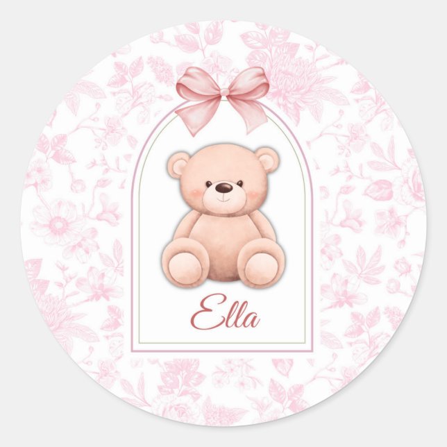 Ella | Benutzerdefiniertes rosa Teddy-Bär-Kinderzi Runder Aufkleber (Vorderseite)