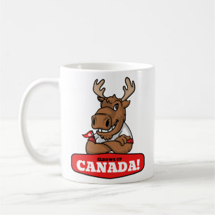 Ellbogen hoch Kanada! Lustiger Elch hält Flagge Ta Kaffeetasse