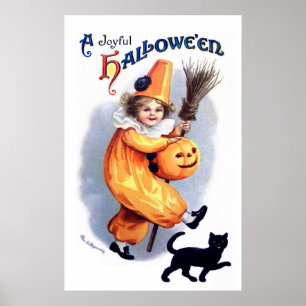 Ellen H. Clapsaddle: Halloween-Harlekin mit Katze Poster