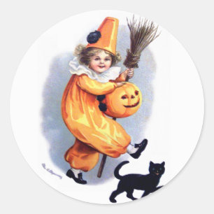 Ellen H. Clapsaddle: Halloween-Harlekin mit Katze Runder Aufkleber