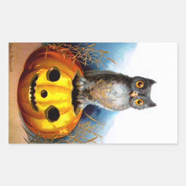 Ellen H. Clapsaddle: Halloween Owl Rechteckiger Aufkleber (Vorderseite)
