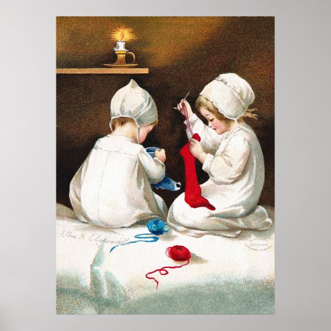 Ellen H. Clapsaddle: Mädchen stitching Strumpfs Poster (Vorne)