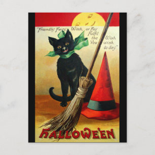 Ellen H. Sattel: Black Cat, Broom und Hut Postkarte