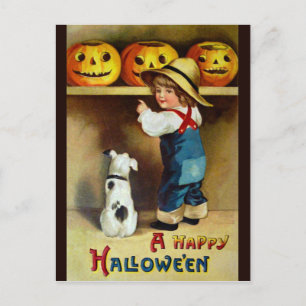 Ellen H. Sattel: Junge, Hund und Jack O'Lanterns Postkarte