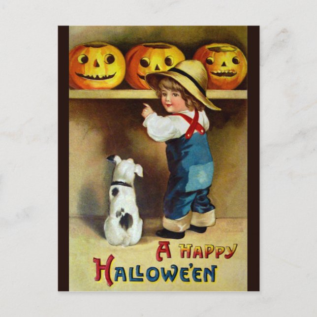 Ellen H. Sattel: Junge, Hund und Jack O'Lanterns Postkarte (Vorderseite)