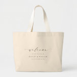 Ellesmere Wedding Welcome Large Tote Bag Jumbo Stoffbeutel<br><div class="desc">Herzlich willkommen bei Ihrer Hochzeit mit der Ellesmere Hochzeitsgesellschaft Tasche. Diese Hochzeitstasche ist minimalistisch mit einer Schriftzeichen-Rubrik gestaltet. Die Namen und das Datum können an den Anzug Ihrer Hochzeit angepasst werden, aber die Kopfzeile des Skripts ist ein Bild, das nicht bearbeitet werden kann. Für eine erweiterte Anpassung dieses Designs, wählen...</div>