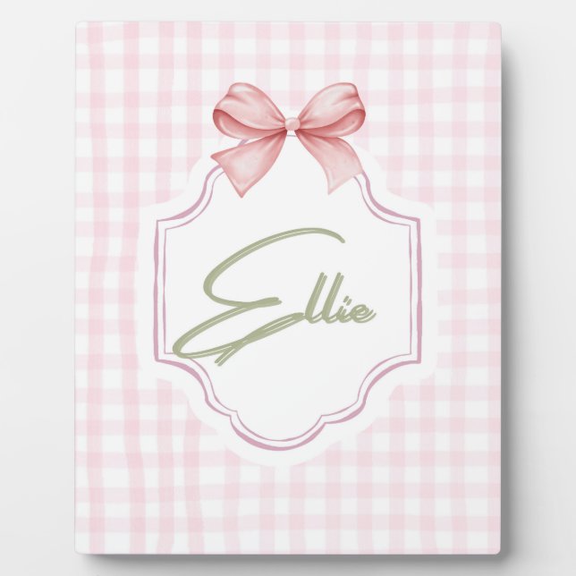 Ellie Personalisiert Pink Bow & Gingham Print Fotoplatte (Vorderseite)