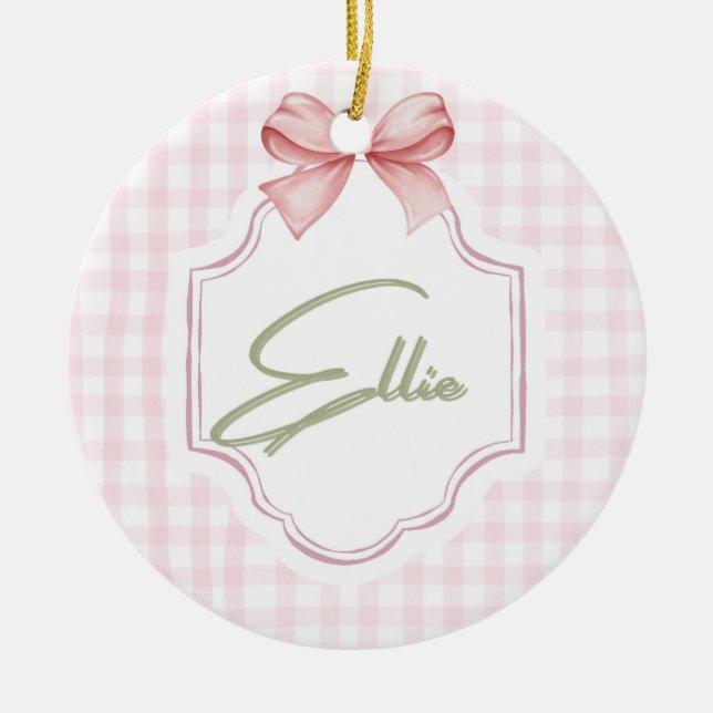 Ellie Personalisiert Pink Bow & Gingham Print Keramik Ornament (Vorne)