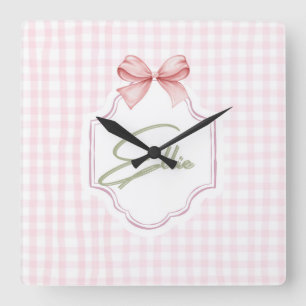 Ellie Personalisiert Pink Bow & Gingham Print Quadratische Wanduhr