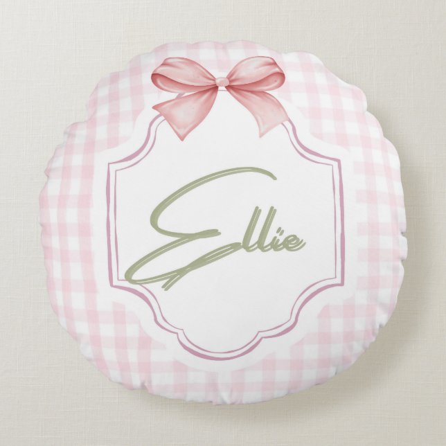Ellie Personalisiert Pink Bow & Gingham Print Rundes Kissen (Vorderseite)