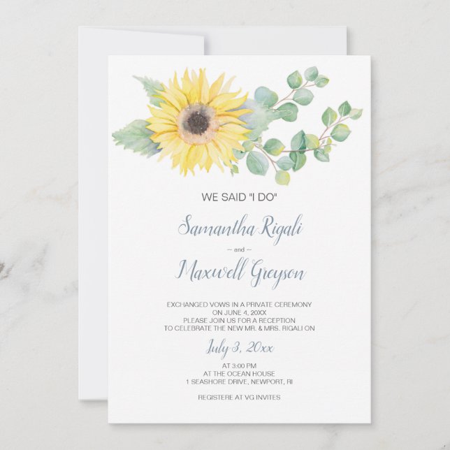 Elopement Empfang Invite, Eukalyptus Sunflower Einladung (Vorderseite)