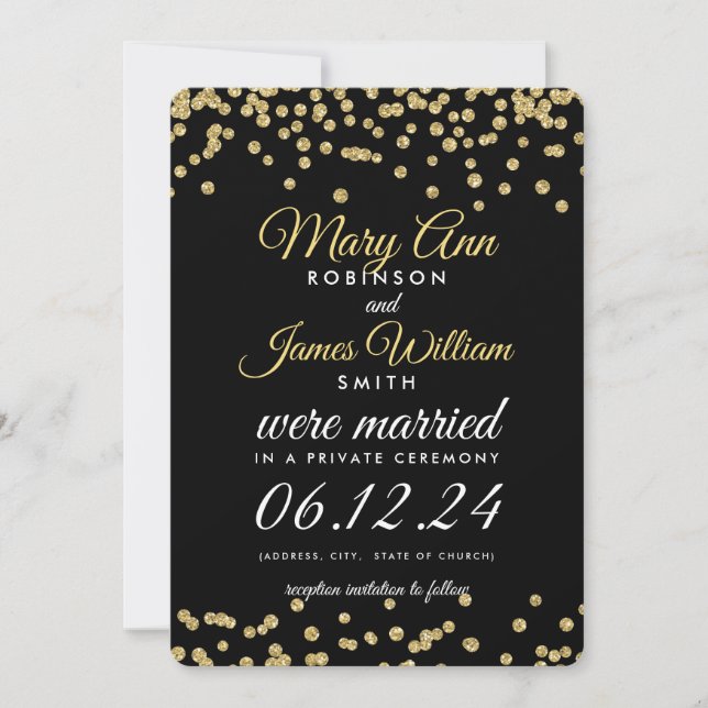 Elopement Gold Imitate Glitzer Confetti Black Einladung (Vorderseite)