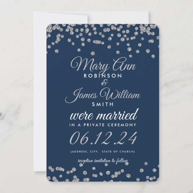 Elopement Silver Glitzer Confetti Navy Blue Einladung (Vorderseite)