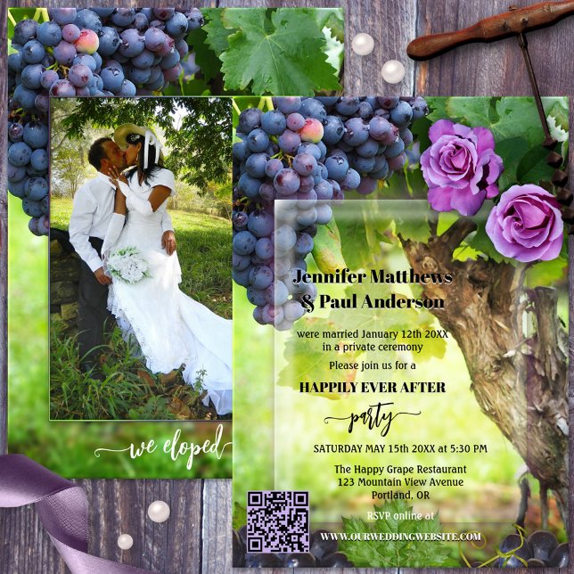 Elopement Wine Themed Wedding Foto Einladung (Happily ever after winery wedding invitation featuring your own photo framed by a vineyard design.)
