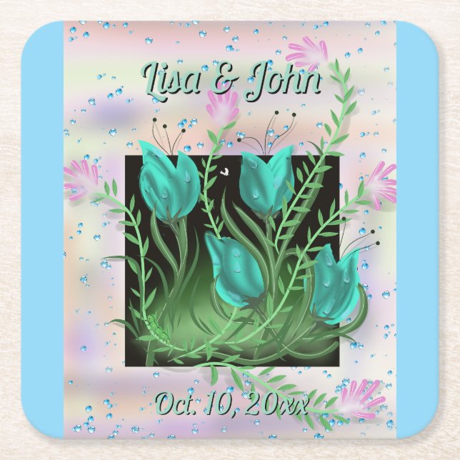 Eloquent Aquamarine Blume Hochzeiten Untersetzer (Vorderseite)