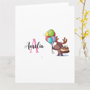 Elose mit Ballon und Kuchen Rosa Monogramm Name Karte