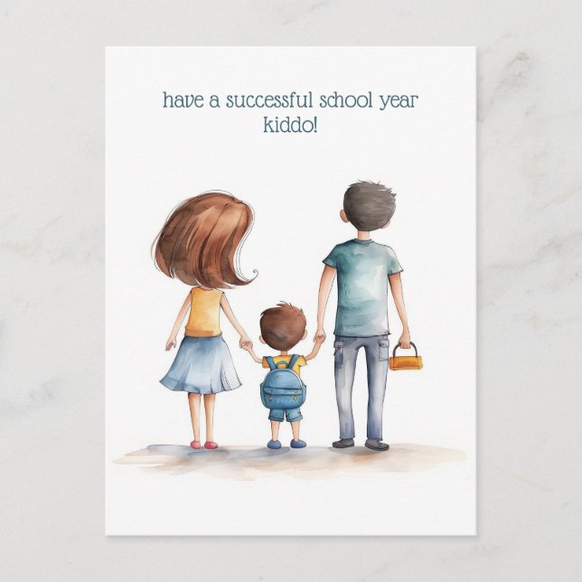 Eltern und Schulkid Postkarte (Vorderseite)