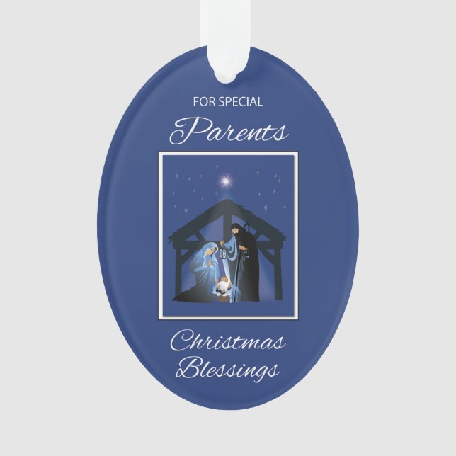 Eltern Weihnachts Segen Manger auf Blue Ornament (Vorderseite)