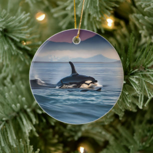Elternzeit: Mama und Baby Orcas im Ozean, Keramik Ornament