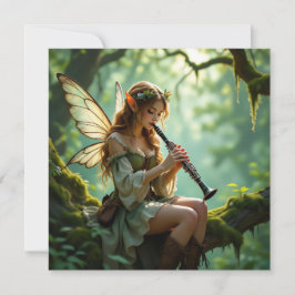 Elven Fairy Playing Clarinet in Enchanted Forest Karte