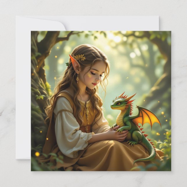 Elven Fairy with Dragon in Enchanted Forest Karte (Vorderseite)