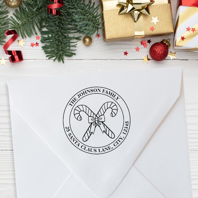 Emblem der Familie Candy Cane und Bow + Adresse Gummistempel (Candy Cane and Bow Family Emblem + Address Rubber Stamp)