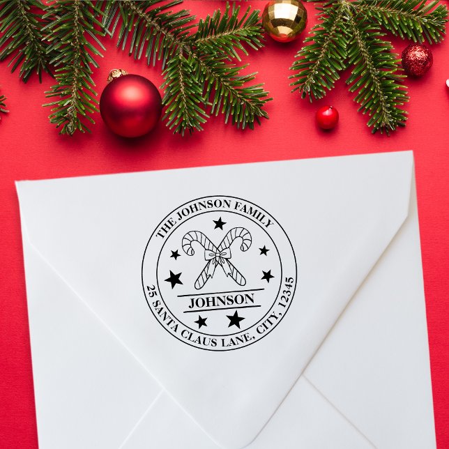 Emblem der Familie Candy Cane und Bow + Adresse Gummistempel (Candy Cane and Bow Family Emblem + Address Rubber Stamp)